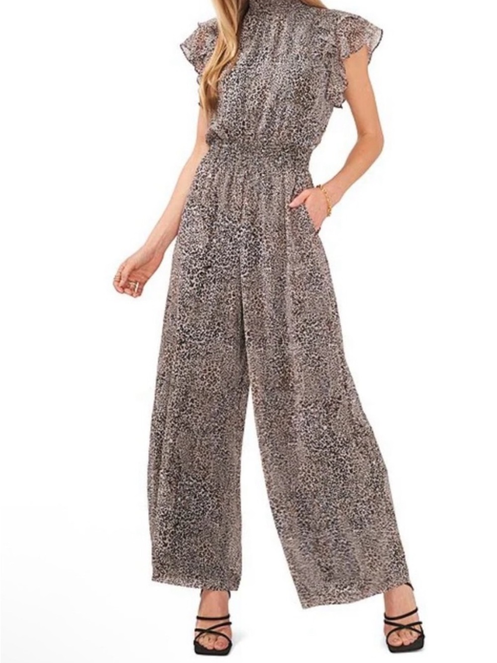 1. STATE Taupe Leopard Smocked-Waist Wide-Leg Jumpsuit